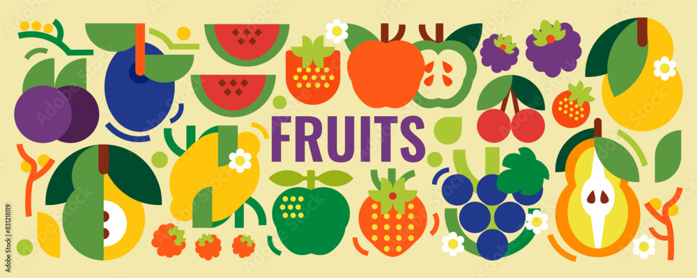 A collection of simple fruits. Vector illustration of food. Apples, pears, strawberries, plums, grapes, raspberries, cherries, watermelon, blackberries, lemons. Geometric design A collection of simple fruits. Vector illustration of food. Apples, pears, strawberries, plums, grapes, raspberries, cherries, watermelon, blackberries, lemons. Geometric design