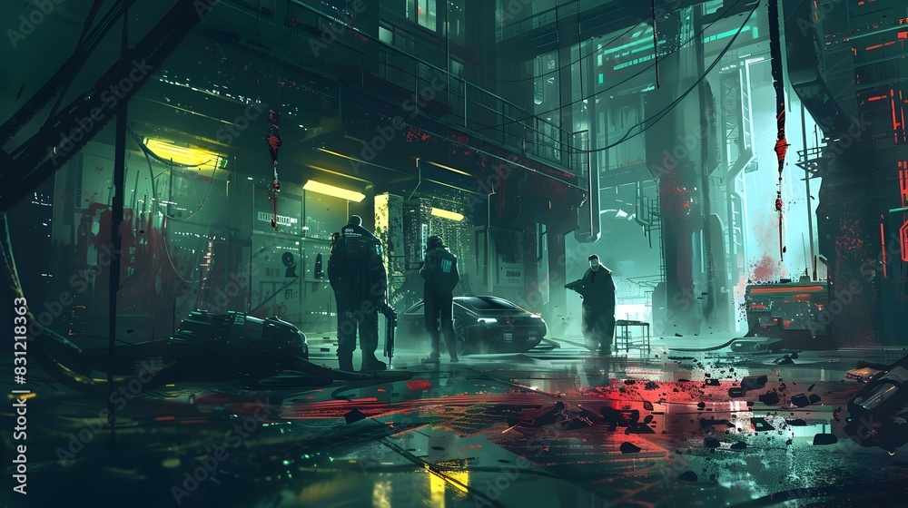 Futuristic City Scene with Neon Lights and Rainy Atmosphere