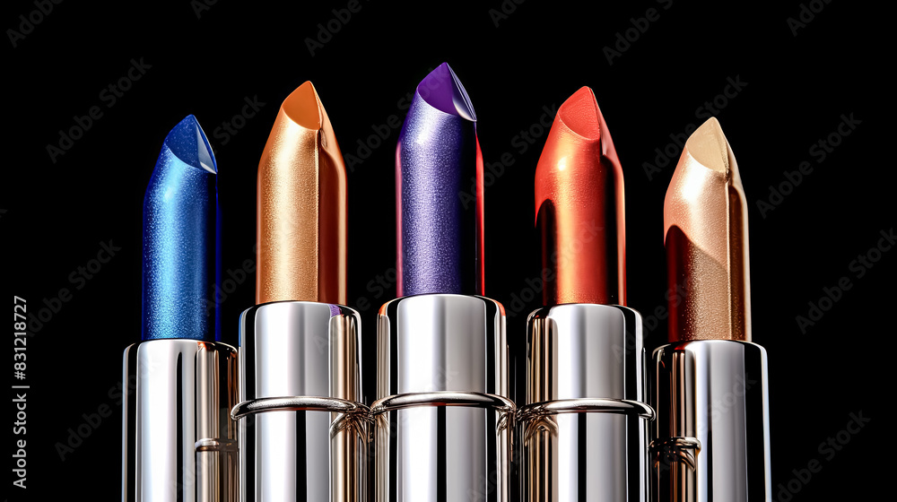 A row of lipsticks with glittery colors. A row of lipsticks with glittery colors.