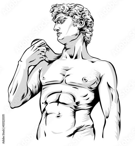 David of Michelangelos sculpture  vintage line drawing or engraving illustration. vector hand draw