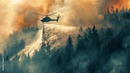Helicopter dropping water on a forest fire, showcasing aerial firefighting efforts to contain and extinguish wildfires photo