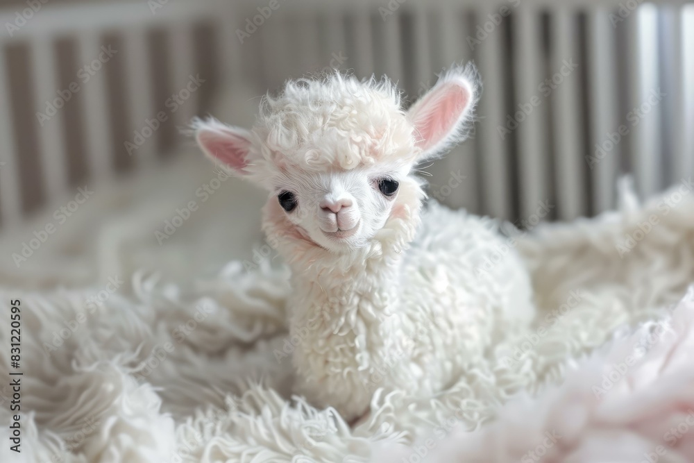Cute newborn alpaca with curly fleece lying comfortably indoors Cute newborn alpaca with curly fleece lying comfortably indoors