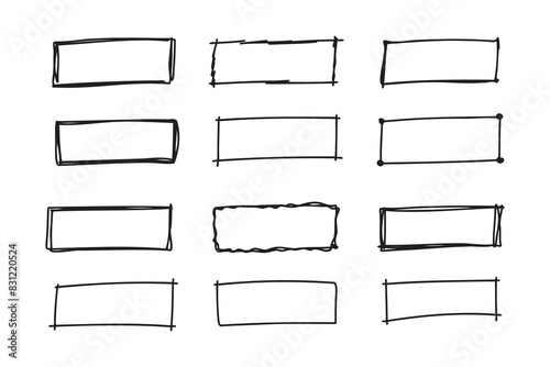 Hand drawn doodle vector rectangle frames. Grungy scribble rectangle frames. Doodle geometric borders. Pen ink empty black text boxes set. 