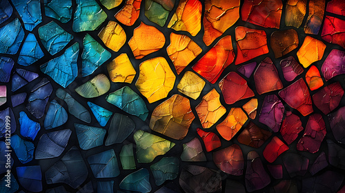 An abstract background that mimics the appearance of stained glass. Use bold, segmented colors separated by dark lines, creating a mosaic effect that catches the light and glows with vibrant hues.