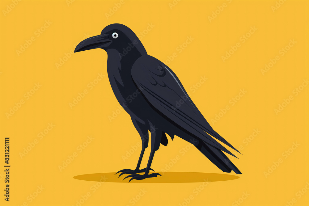 Fototapeta premium Black crow on orange background simple flat illustration