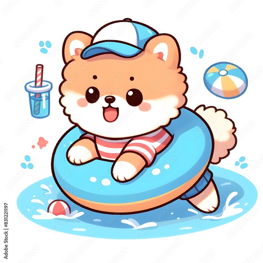 AI generated illustration of A white and brown dog in a cap floats on water