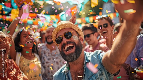 Crowd of individuals excitedly celebrating, with confetti flying in the air