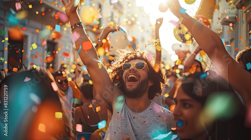 A group of people joyfully celebrating with confetti flying in the air