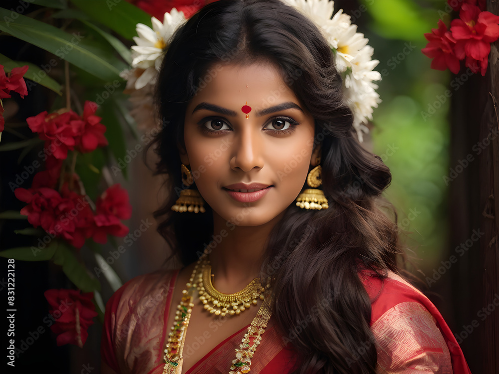 Naklejka premium Kerala traditional girl with flowers. Onam celebration. Beautiful eyes. Creative shots.Portrait.