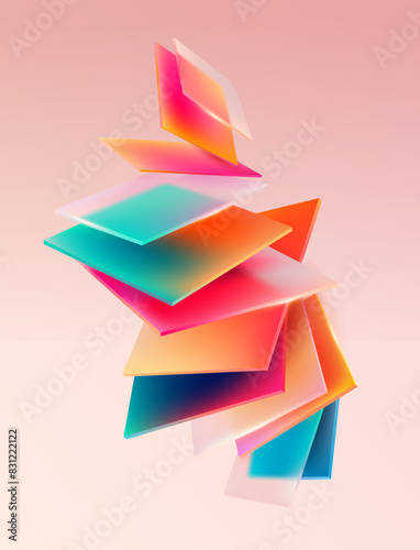 Colored translucent squares and rectangles. 3D geometric shapes in the glass morphism style. Abstract vector design elements.