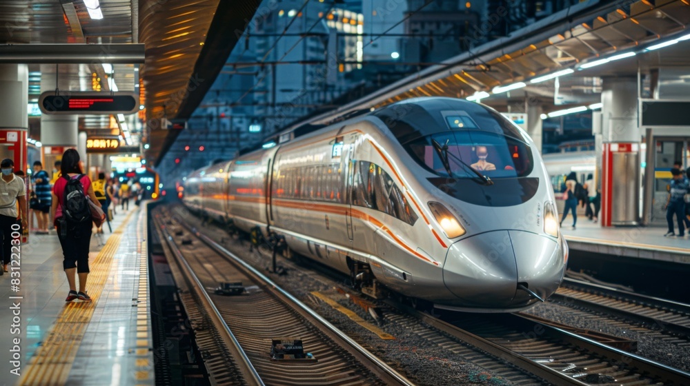 Fototapeta premium High-speed train at a bustling station platform, with commuters boarding and disembarking, showcasing the efficiency and speed of urban transit