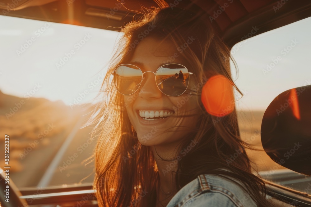 Naklejka premium Smiling young woman enjoying a sunset car ride