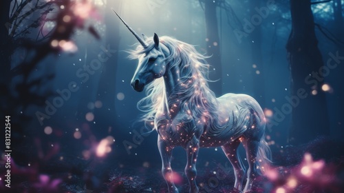 A majestic white unicorn stands in a mystical forest, glowing with magical light. photo