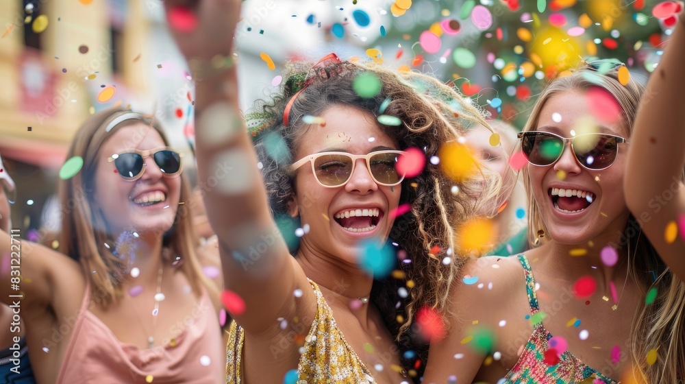 Group of women standing together as confetti falls
