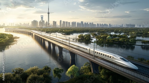 High-speed train crossing a long bridge over a river, with the city skyline in the distance, capturing the integration of urban and natural landscapes photo
