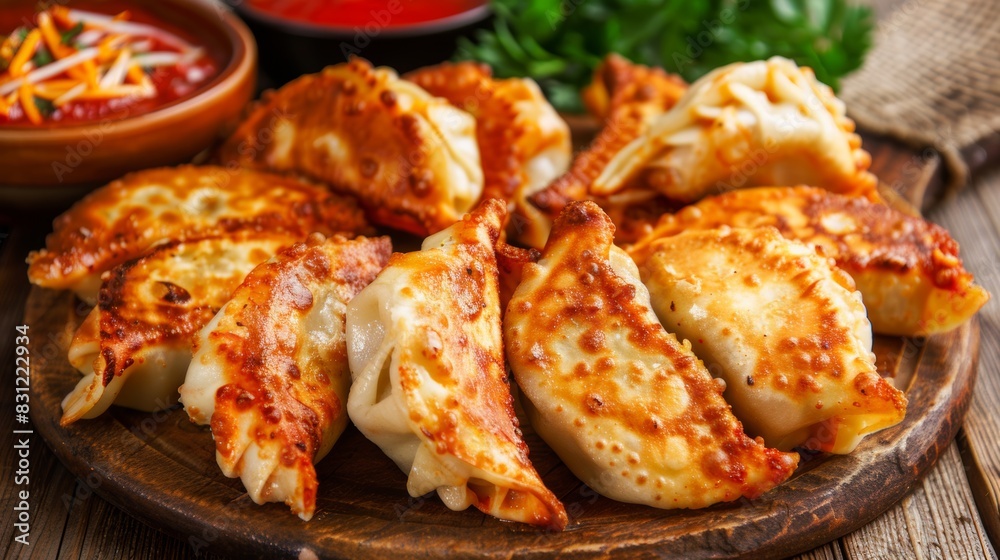 Golden fried dumplings on a rustic plate with dipping sauces Golden fried dumplings on a rustic plate with dipping sauces