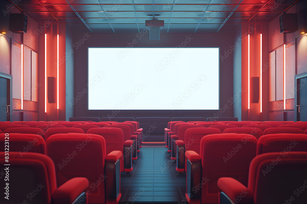 red seats and a wide white screen on the wal