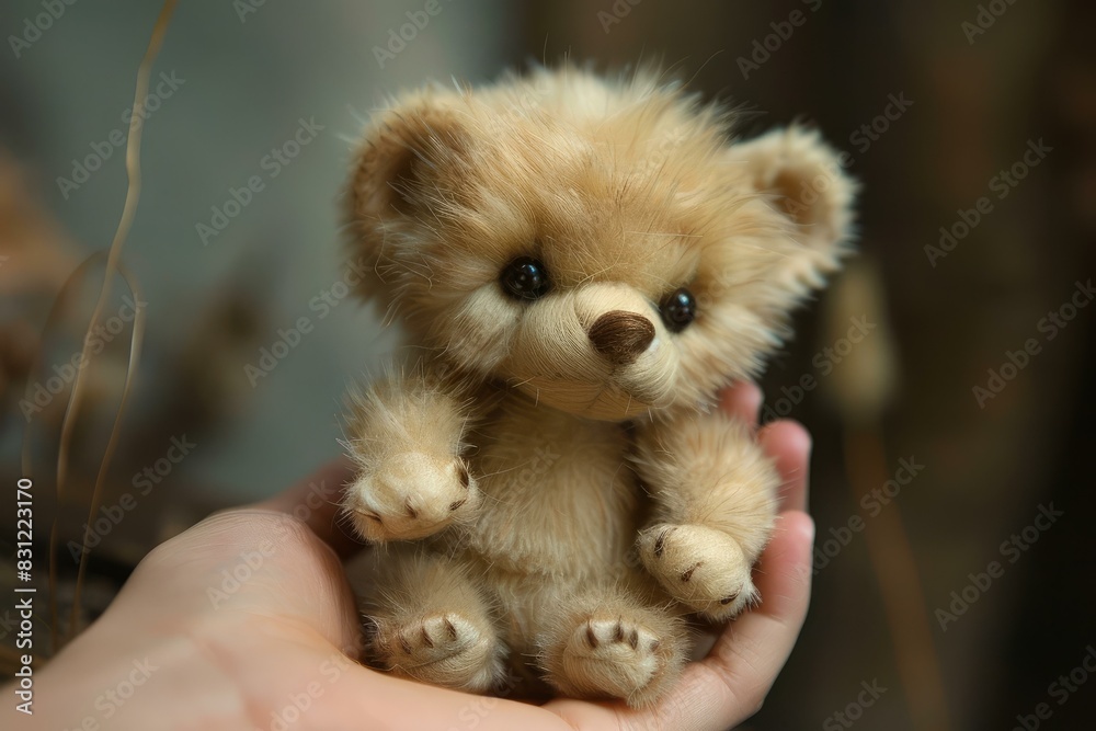 Adorable handheld plush teddy bear toy a small. Cuddly. And soft stuffed animal. Perfect for closeup play and comforting a child's hand. Made with brown fluffy fabric. Woven texture and furry Adorable handheld plush teddy bear toy a small. Cuddly. And soft stuffed animal. Perfect for closeup play and comforting a child's hand. Made with brown fluffy fabric. Woven texture and furry