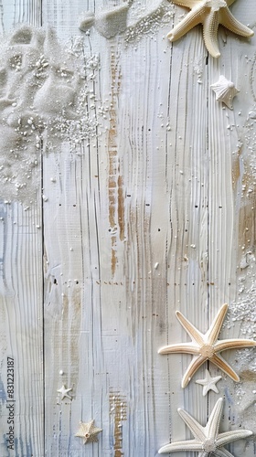 starfish with some sand beach on a wooden surface photo