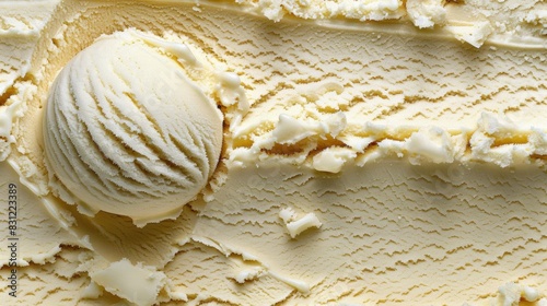 Close-up view of vanilla ice cream scoop and textured surface
