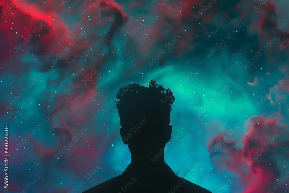 Silhouette of a young adult man against a vibrant cosmic background