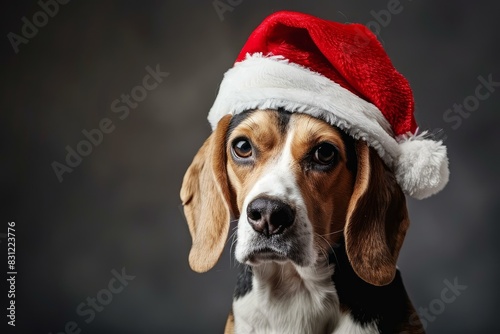 Adorable beagle dog wearing a santa claus hat with a soulful expression against a grey background