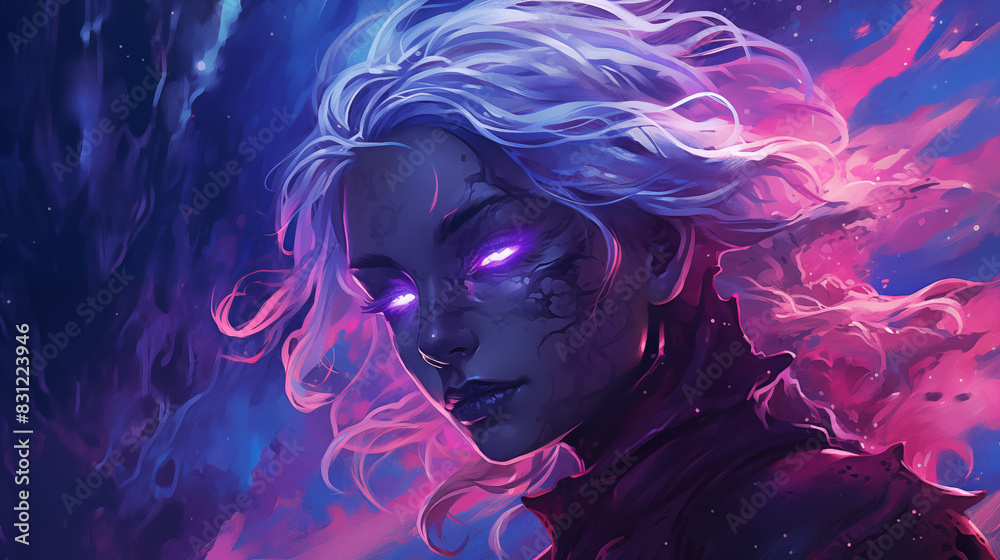 Mystical Woman with Glowing Purple Eyes and Flowing Hair in Ethereal Background Mystical Woman with Glowing Purple Eyes and Flowing Hair in Ethereal Background