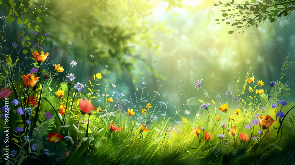 Nature background with wild flowers in sunlight illustration.