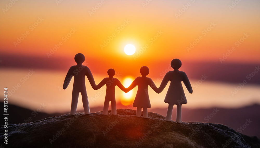Paper cut-out family silhouettes holding hands standing on a rock, against a sunset backdrop, love, unity, connection.