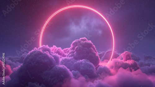abstract cloud illuminated with a neon light ring, floating in a dark night sky, with a glowing geometric round frame