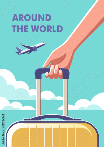 Woman holding a suitcase in her hand close-up and a airplane taking off. Concept of vacation and travel. Vector illustration in minimalist style.