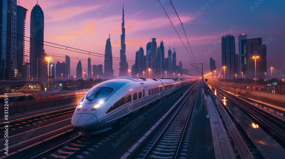 Naklejka premium High-speed train in motion at dusk, with city lights beginning to twinkle, creating a stunning contrast between the train's sleek design and the urban backdrop