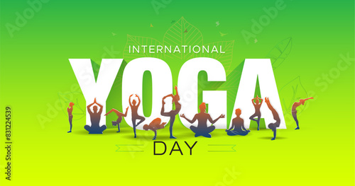 Vector illustration of Yoga Day creative theme. People practicing yoga and body stretch exercise with international yoga day 3d typography.