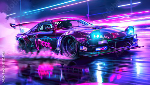 A vibrant and dynamic wallpaper featuring an JDM drift car with glowing neon lights. Created with Ai © emma