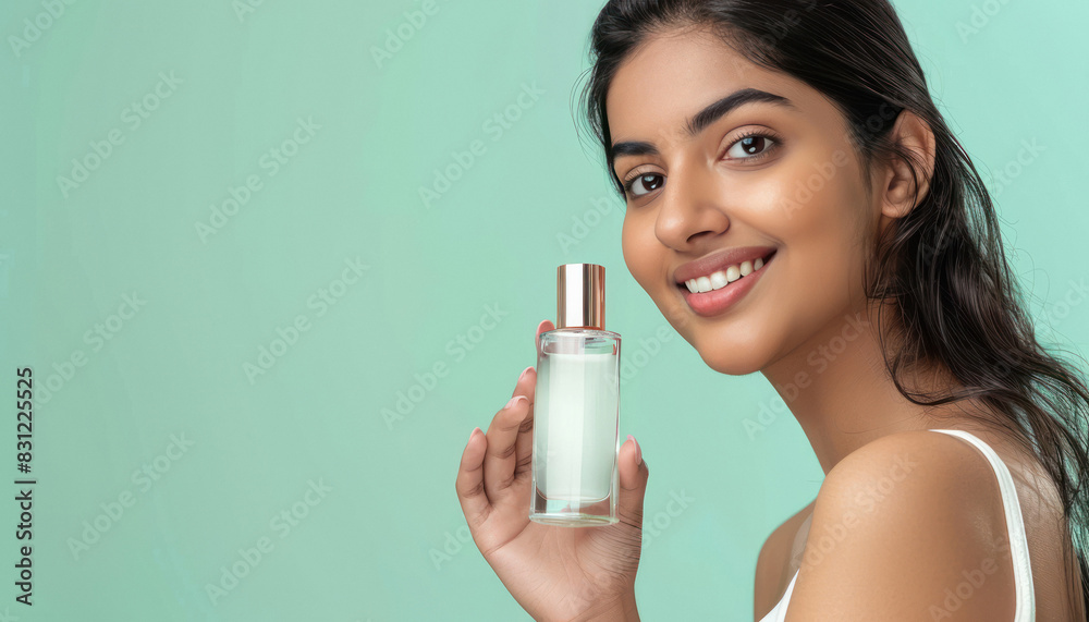 young woman holding cosmetic product bottle young woman holding cosmetic product bottle
