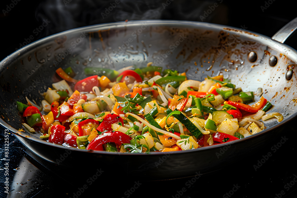 An aluminum pan frying vegetables, solid black background, An aluminum pan frying vegetables, solid black background,
