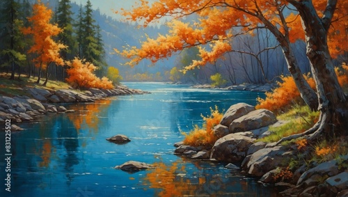 Orange autumn trees reflect their beauty on a calm blue river