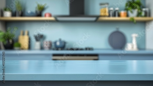 Kitchen with an empty blue countertop against a blurred background of a modern interior. Tabletop for product presentation. Clean mockup for food or laundry detergent, washing. photo
