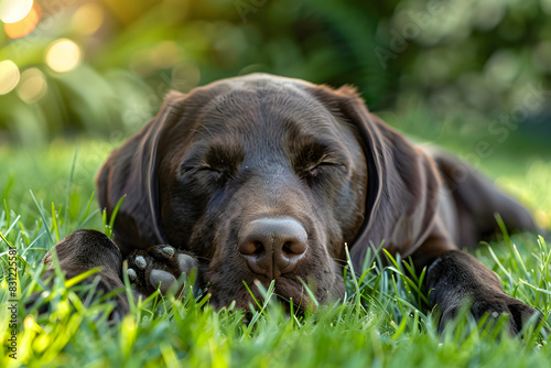 black lab puppy lying down in a grass lawn with her paws on each side of her a squished face and closed eyes. 
