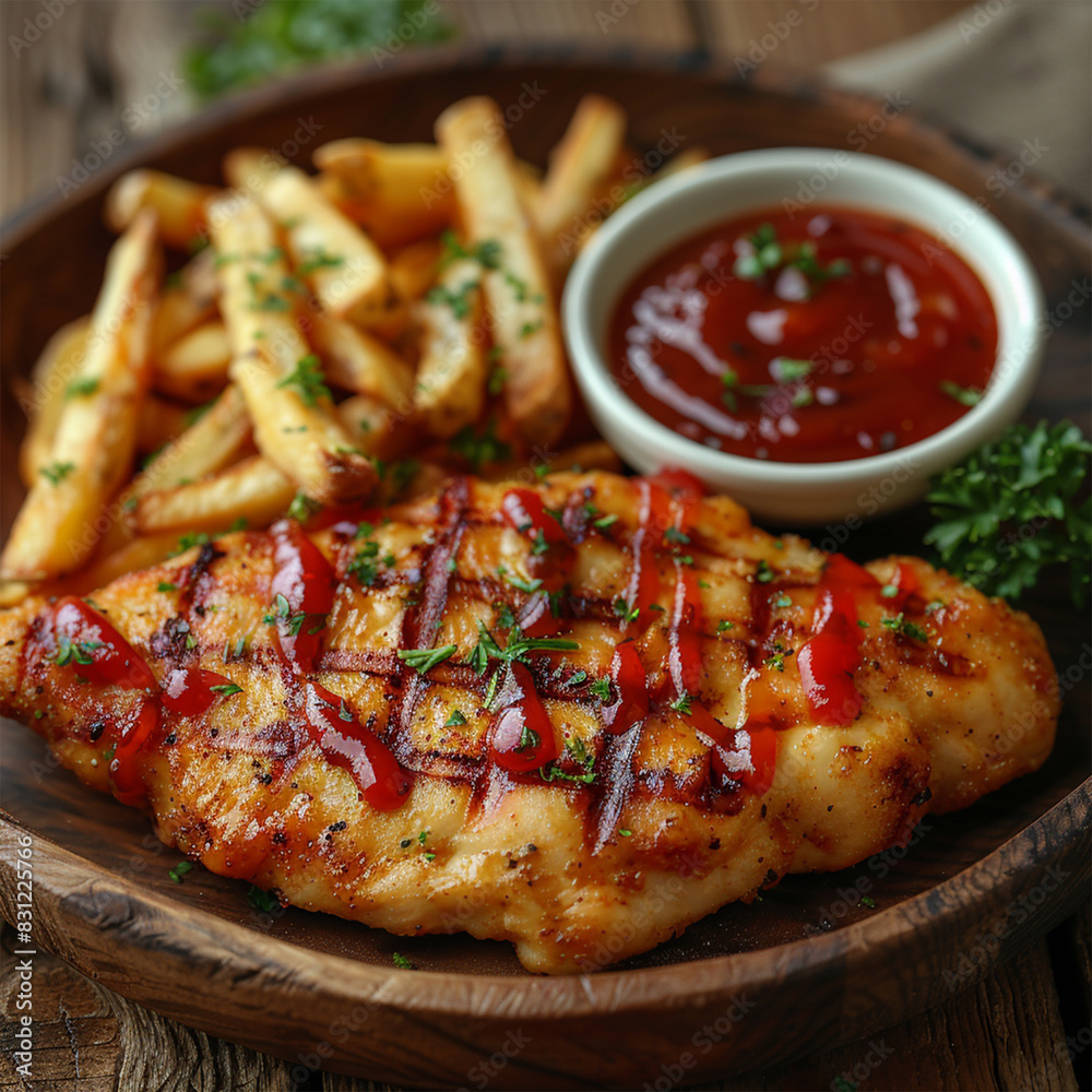 chicken strips and French fries on rustic wooden background. Made with generative ai chicken strips and French fries on rustic wooden background. Made with generative ai