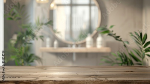 Wooden countertop against the background of a mirror in the bathroom. Empty countertop for beauty product. Mockup with clean wood podium.
