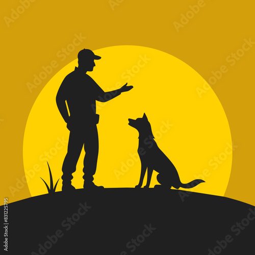 Professional Dog Trainer Guiding Dog on Field - Silhouette Vector Art
