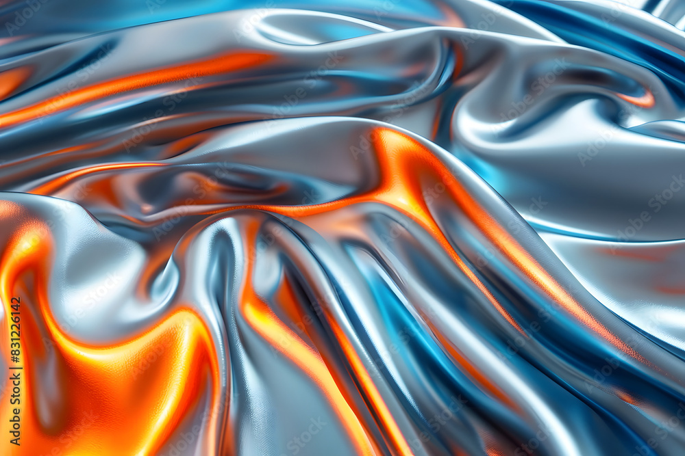 Black 3d render of White and blue silk displaying Orange iridescent holographic foil in style of black abstract background Black 3d render of White and blue silk displaying Orange iridescent holographic foil in style of black abstract background