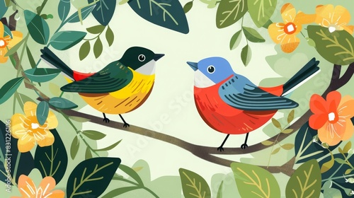 Illustration of two colorful birds perched on a branch surrounded by lush green leaves and vibrant flowers.