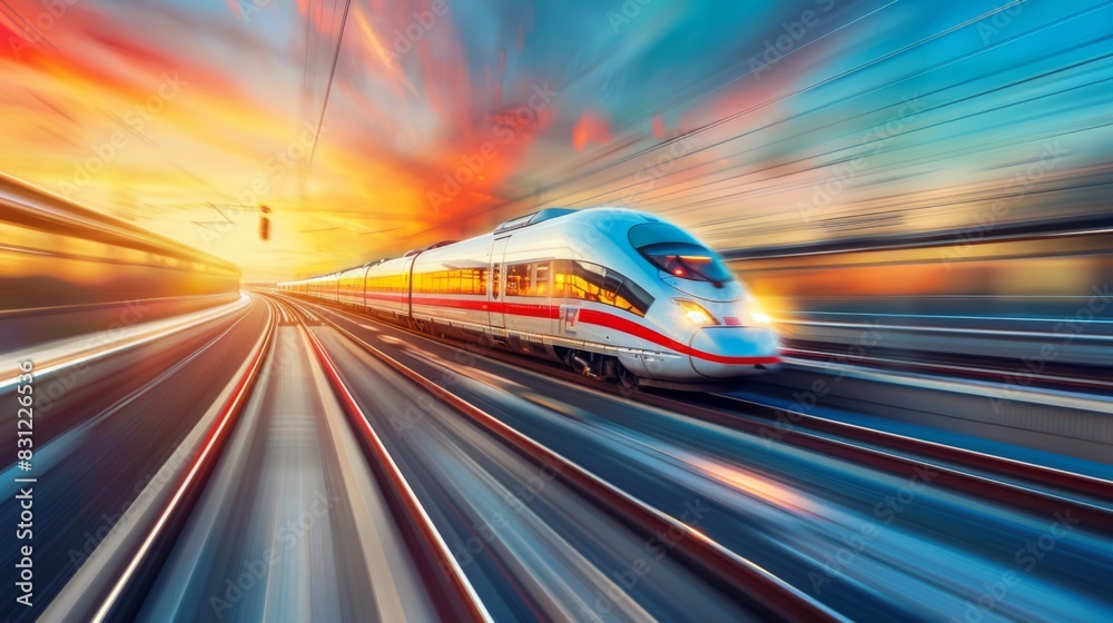 High-speed train speeding along a track at sunset, with the sky ablaze with colors, creating a dramatic and visually striking scene