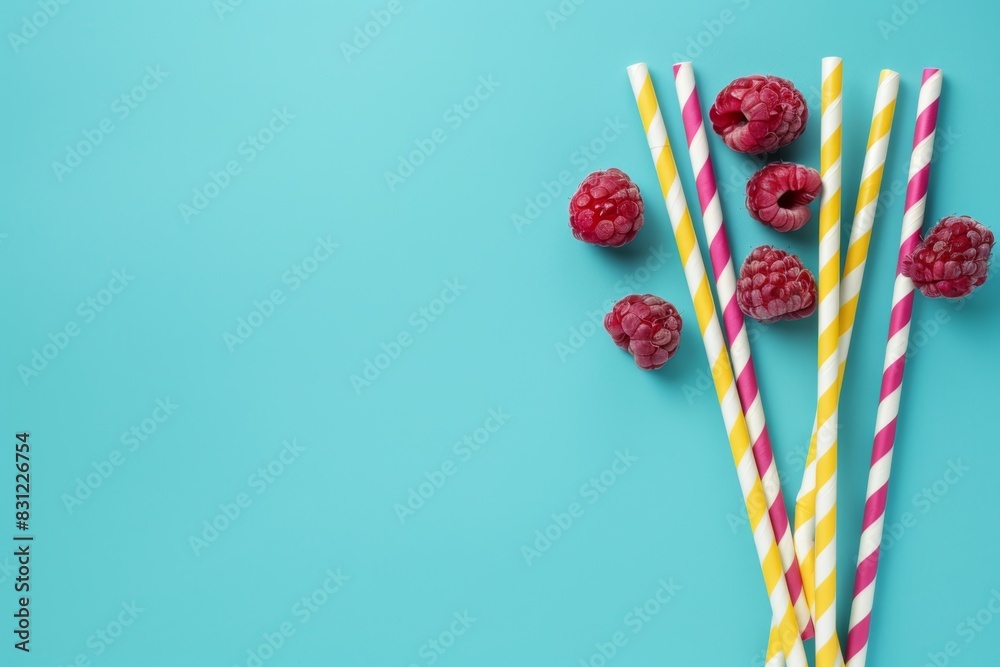 Vibrant striped straws and raspberries on a teal background