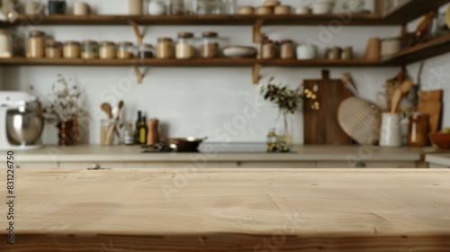 Empty wooden countertop on a kitchen blur background. Wood tabletop for product presentation. Eco simple mockup in warm beige tones.