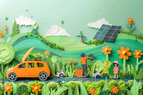 Paper cut scene of a family gardening together in their backyard with an electric vehicle charging in the driveway and solar panels on the roof, highlighting of renewable energy in daily life. © pjjaruwan