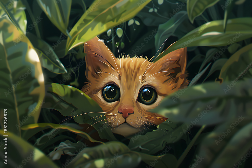 Create a modern animation style image of an orange kitten hidden amongst some foliage, the cat has large watery cartoon style eyes