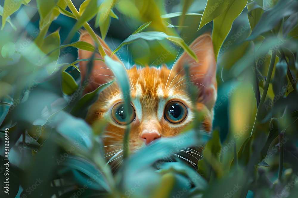 Create a modern animation style image of an orange kitten hidden amongst some foliage, the cat has large watery cartoon style eyes
